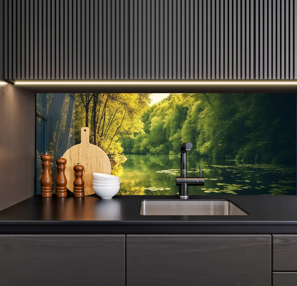 a kitchen with a sink and a painting on the wall