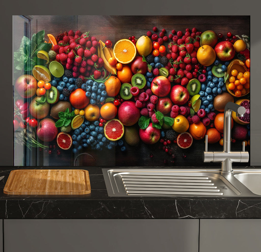 a kitchen with a sink and a painting on the wall