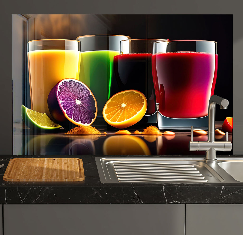 a kitchen counter topped with glasses of juice and fruit