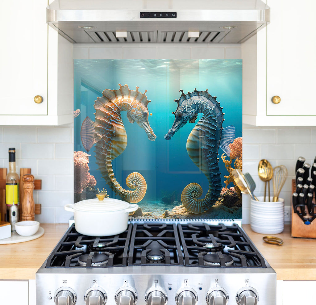 a picture of two seahorses on a tile backsplash in a kitchen