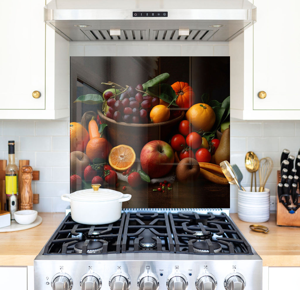 a painting of a bowl of fruit on a stove