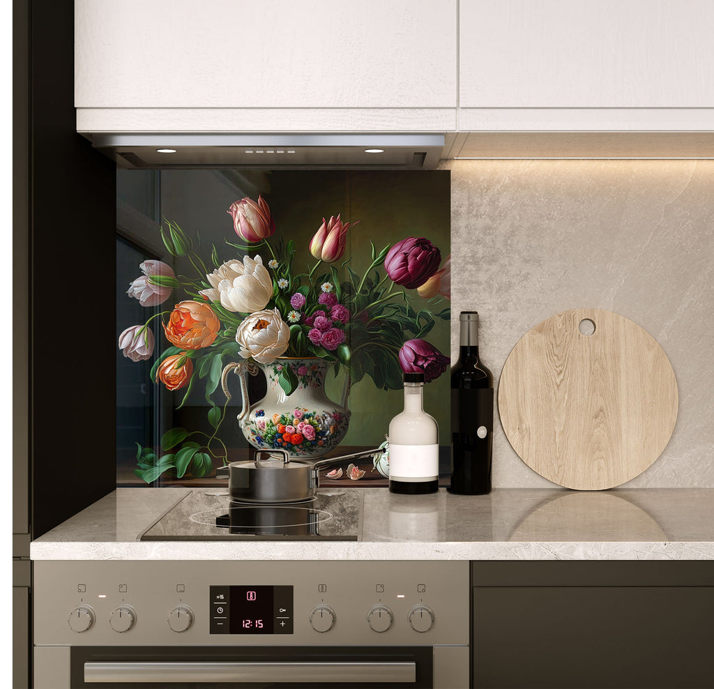 a vase of flowers on a counter with a cutting board