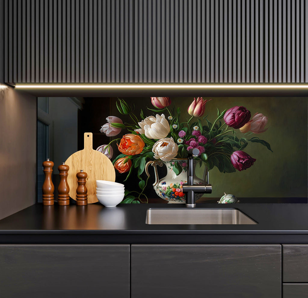 a painting of flowers in a vase on a kitchen counter