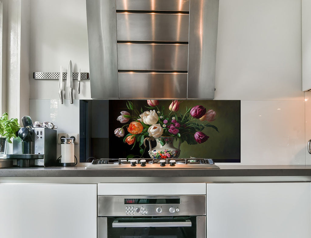 a painting of flowers is on the wall of a kitchen