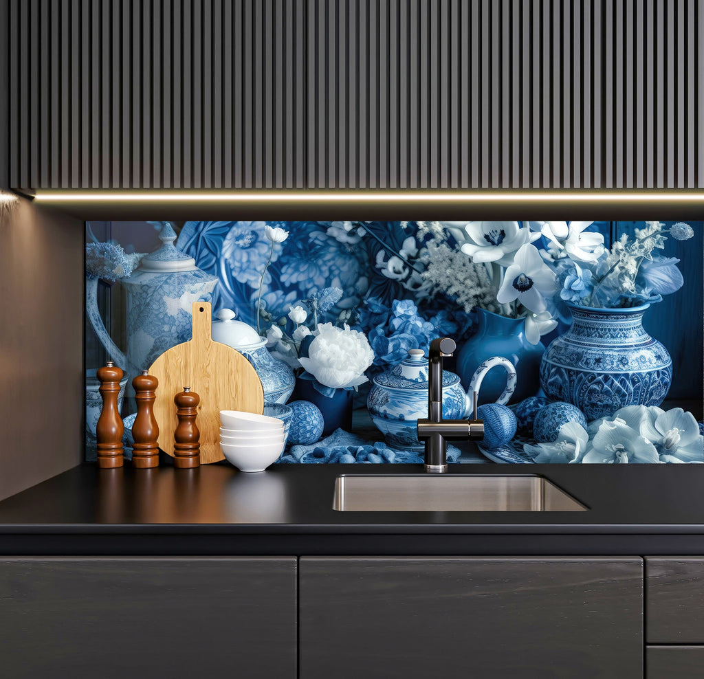 a kitchen with blue and white wallpaper and a sink