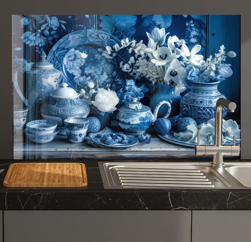 a kitchen counter with a sink and blue and white dishes