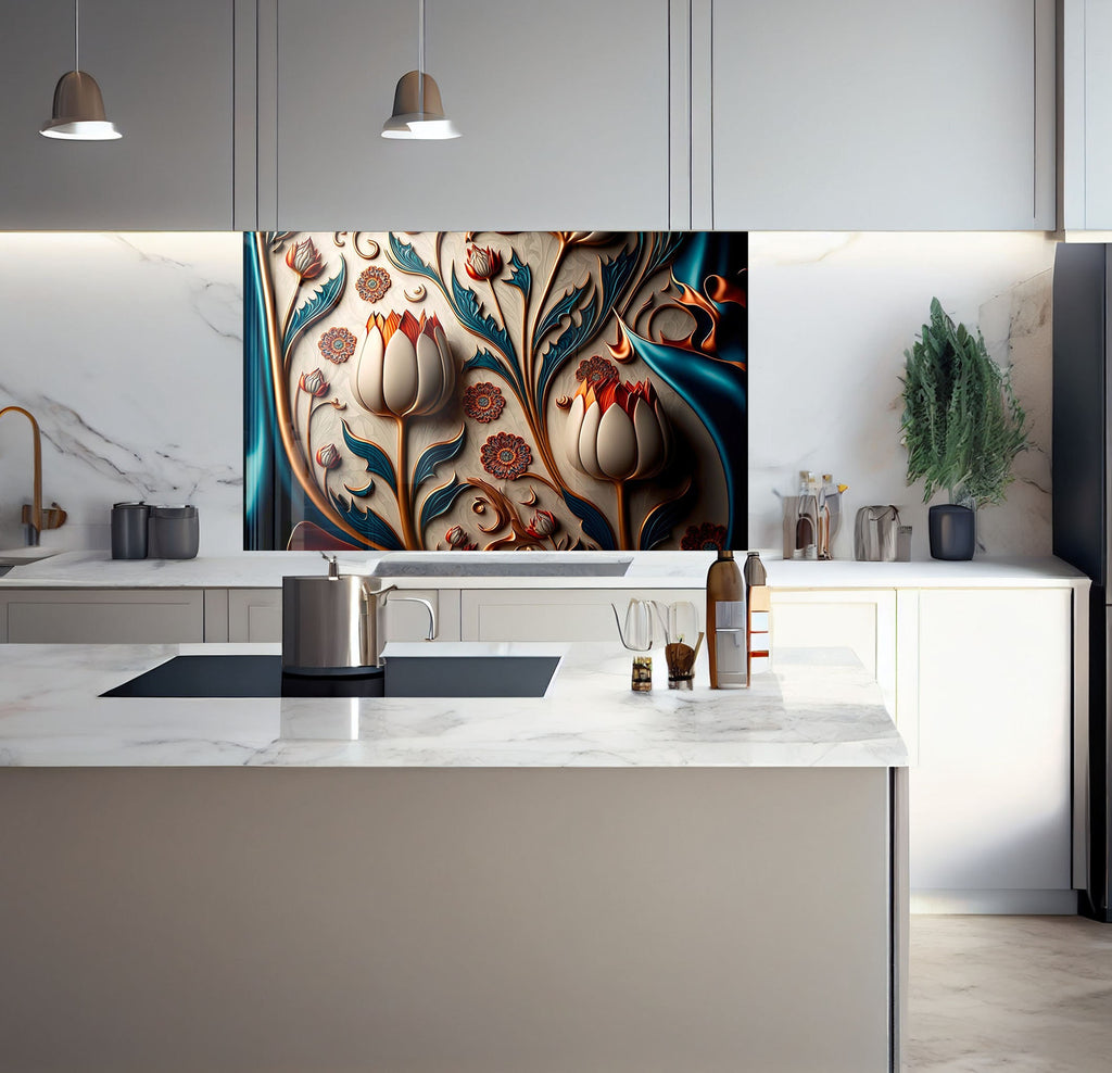 a kitchen with a marble counter top and a painting on the wall