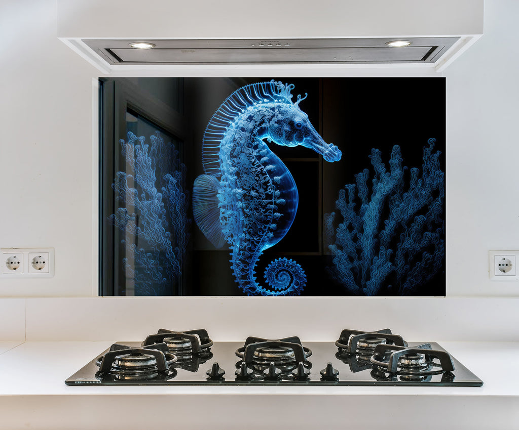 a picture of a sea horse on a wall above a stove