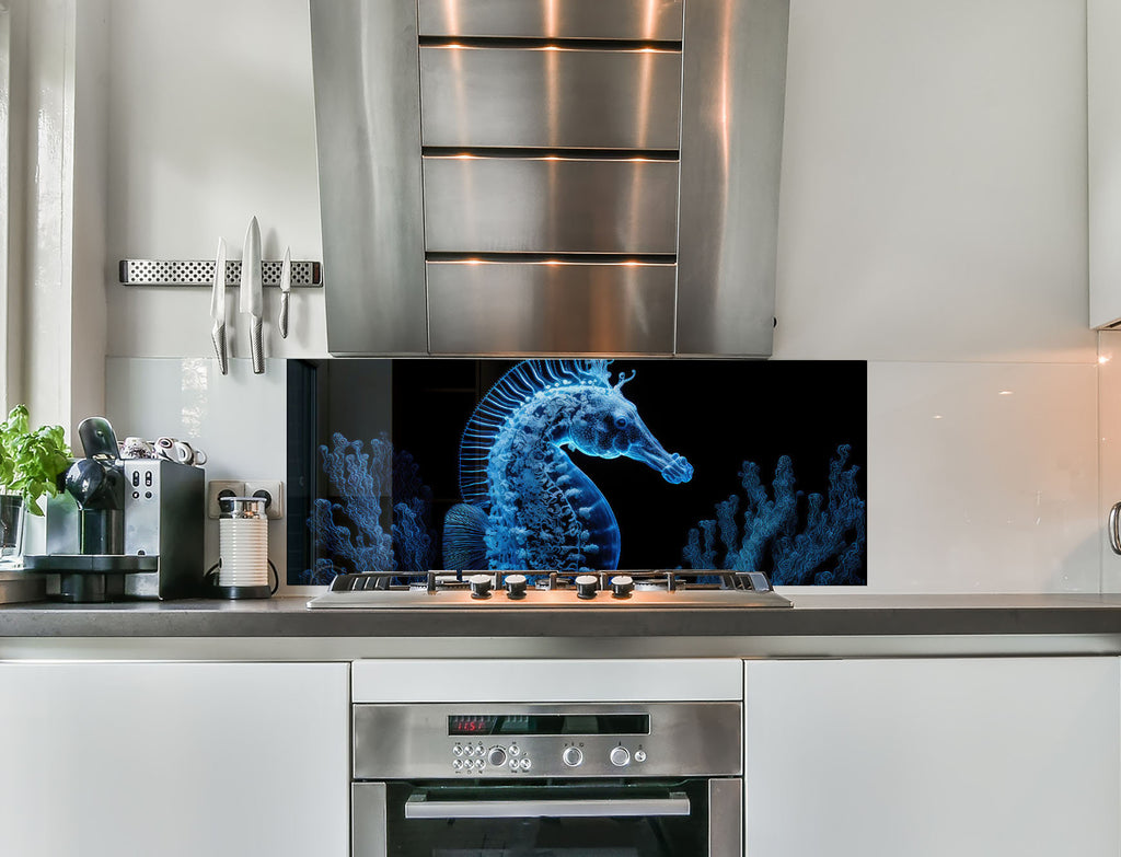 a kitchen with a stove top oven and a television mounted on the wall