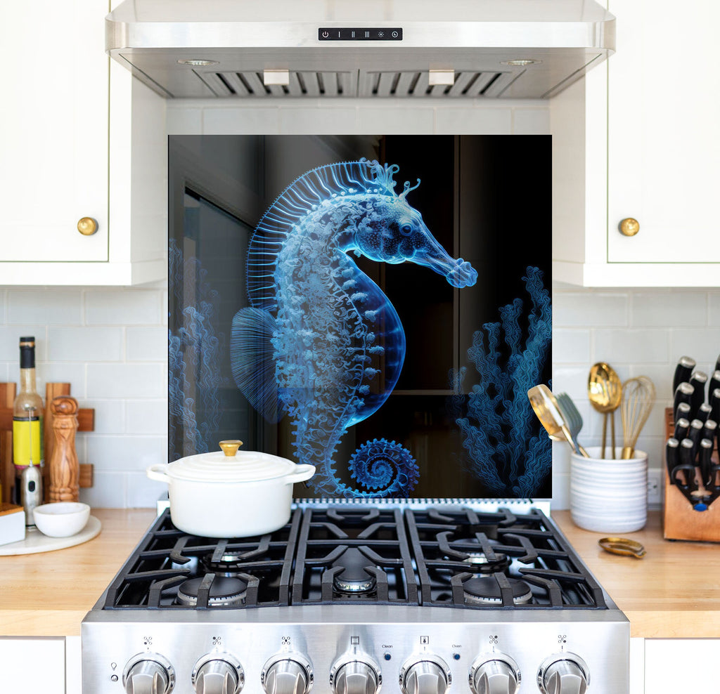 a picture of a blue sea horse on a glass tile backsplash