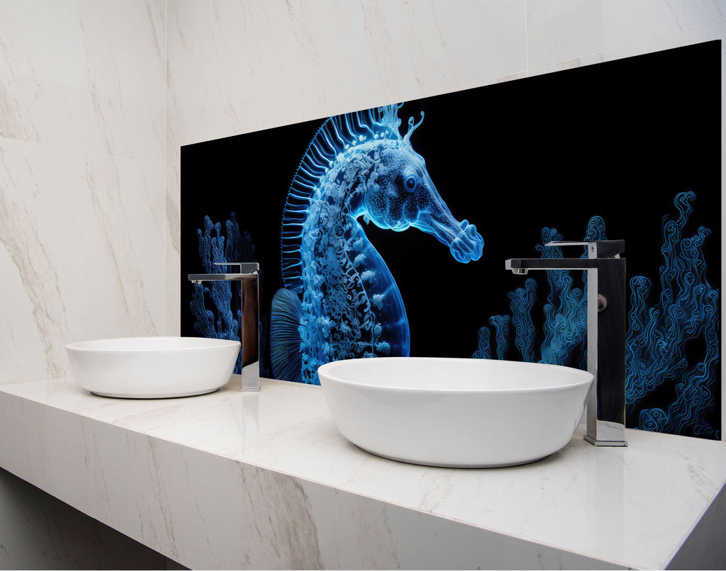 two white bowls on a counter with a picture of a sea horse on the wall