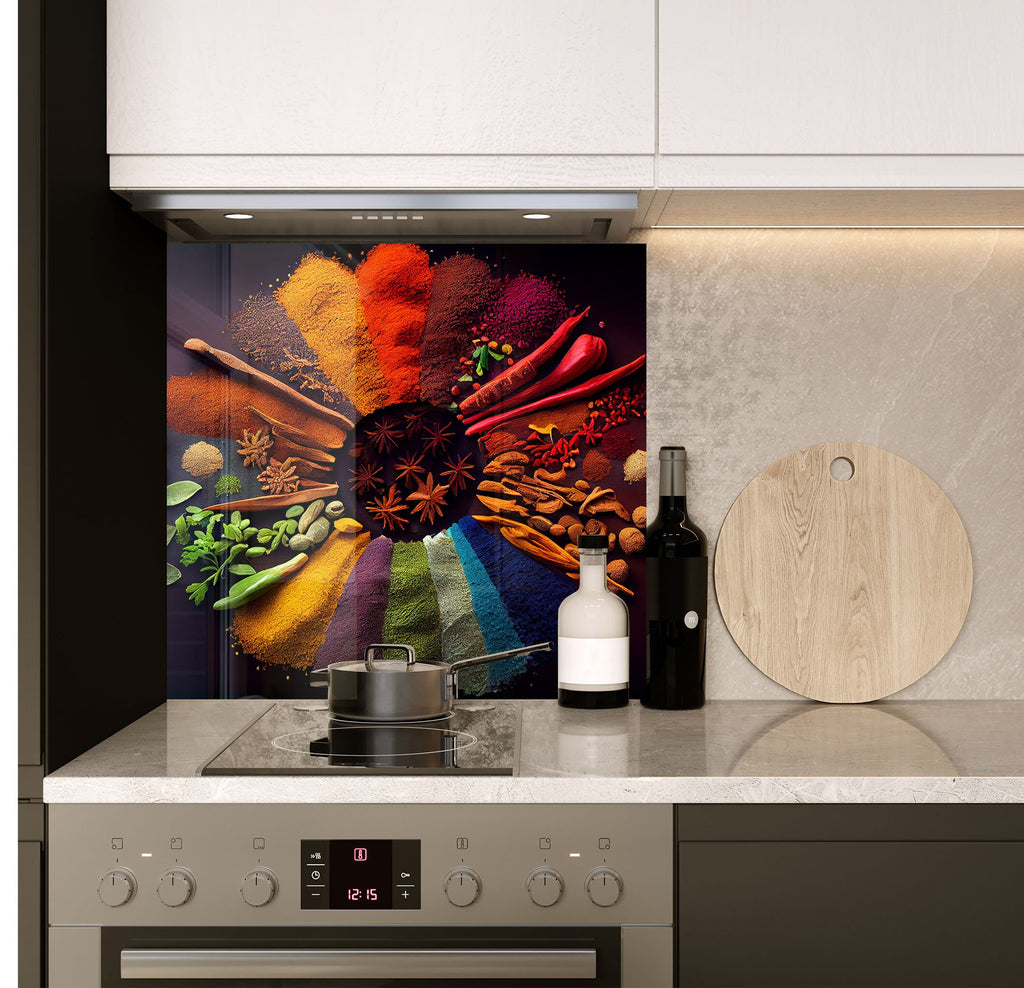 a kitchen with a stove and a painting on the wall