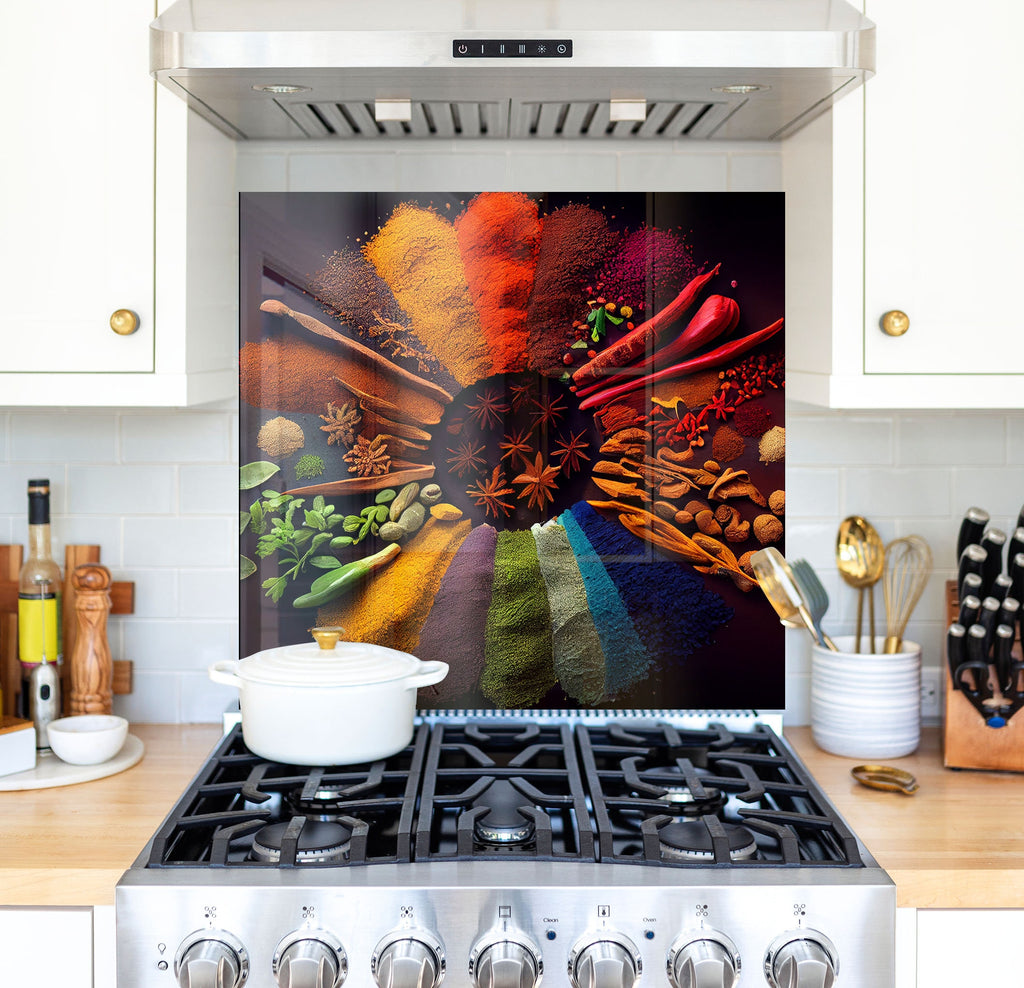 a stove top oven sitting under a painting on a wall