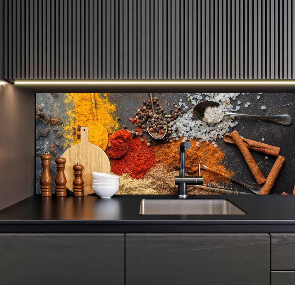 a kitchen counter with spices and spices on it