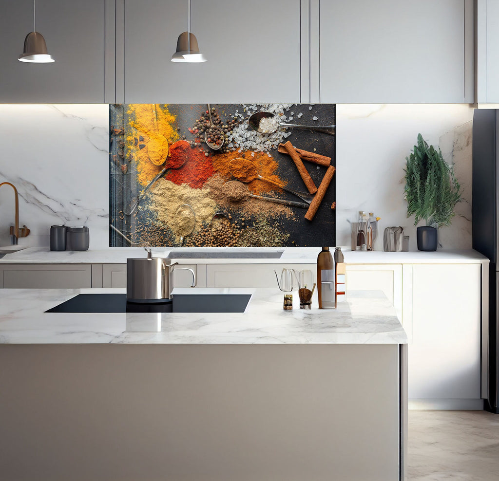 a kitchen with a large painting on the wall