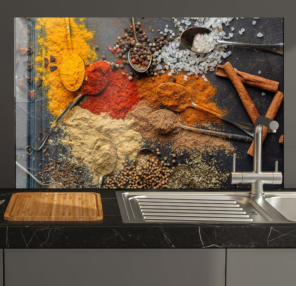 a kitchen counter with spices and spices on it