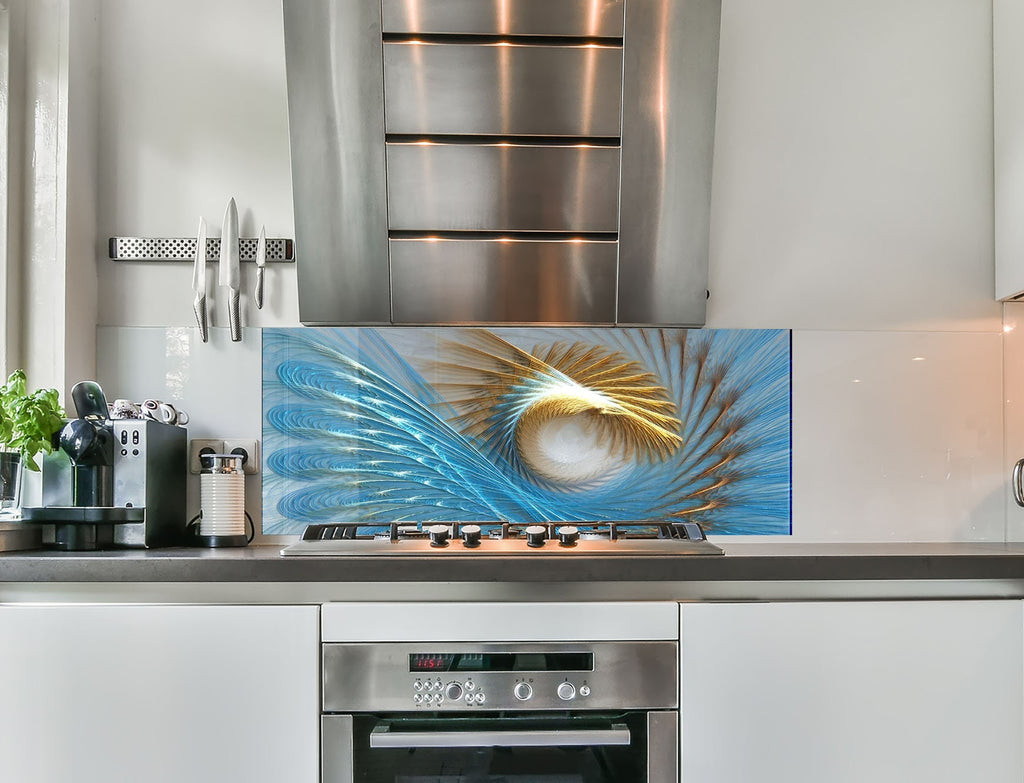 a kitchen with a stove and a painting on the wall