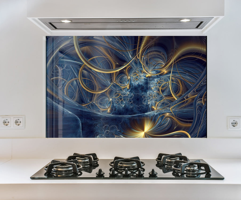 a picture of a blue and yellow design on a wall above a stove