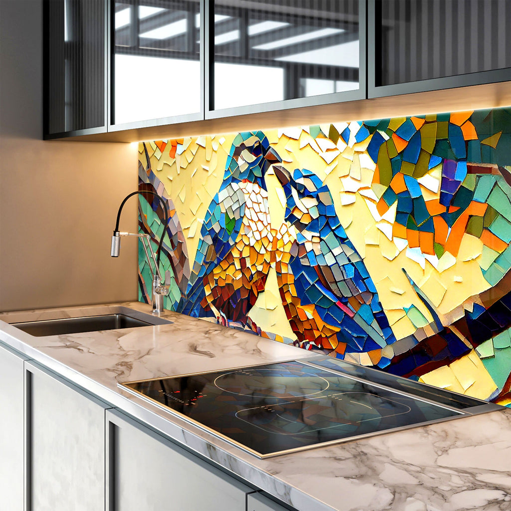 a kitchen counter with a mosaic tile backsplash