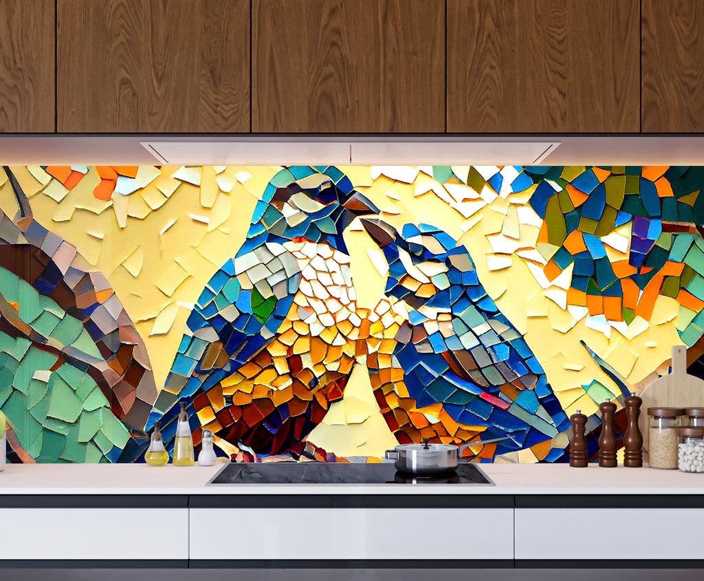 a kitchen counter with a mosaic design on it