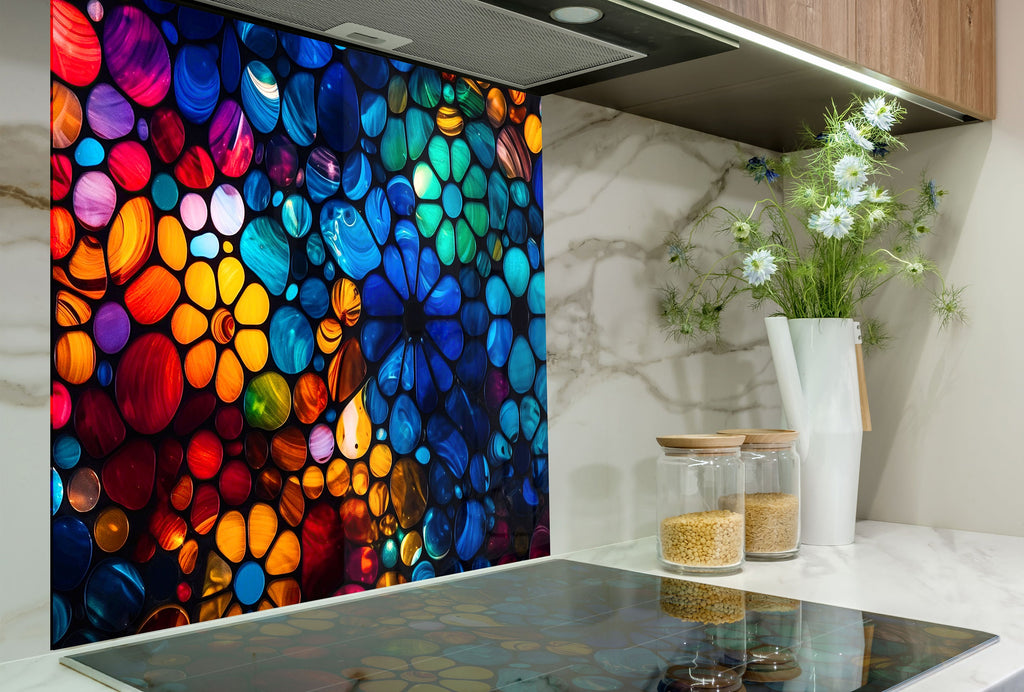 a kitchen counter with a vase of flowers on top of it