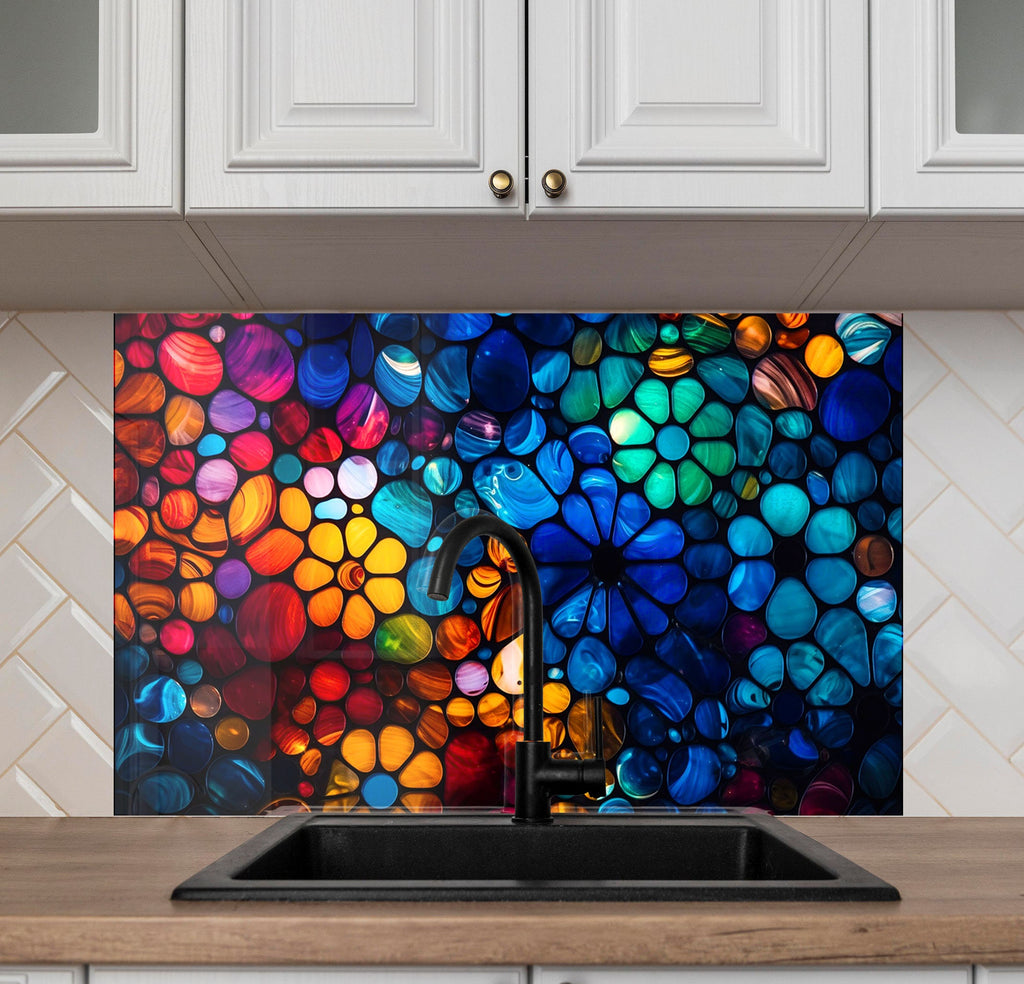 a kitchen counter with a sink and a painting on the wall