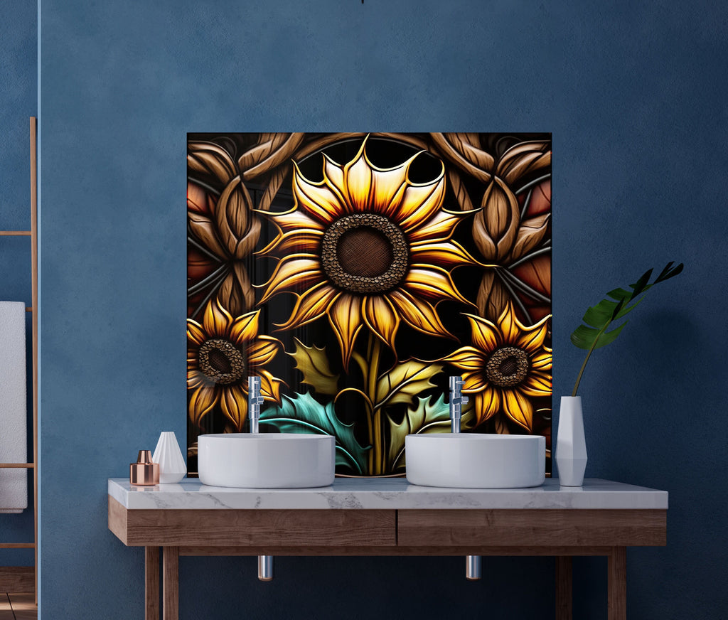 a painting of a sunflower on a blue wall