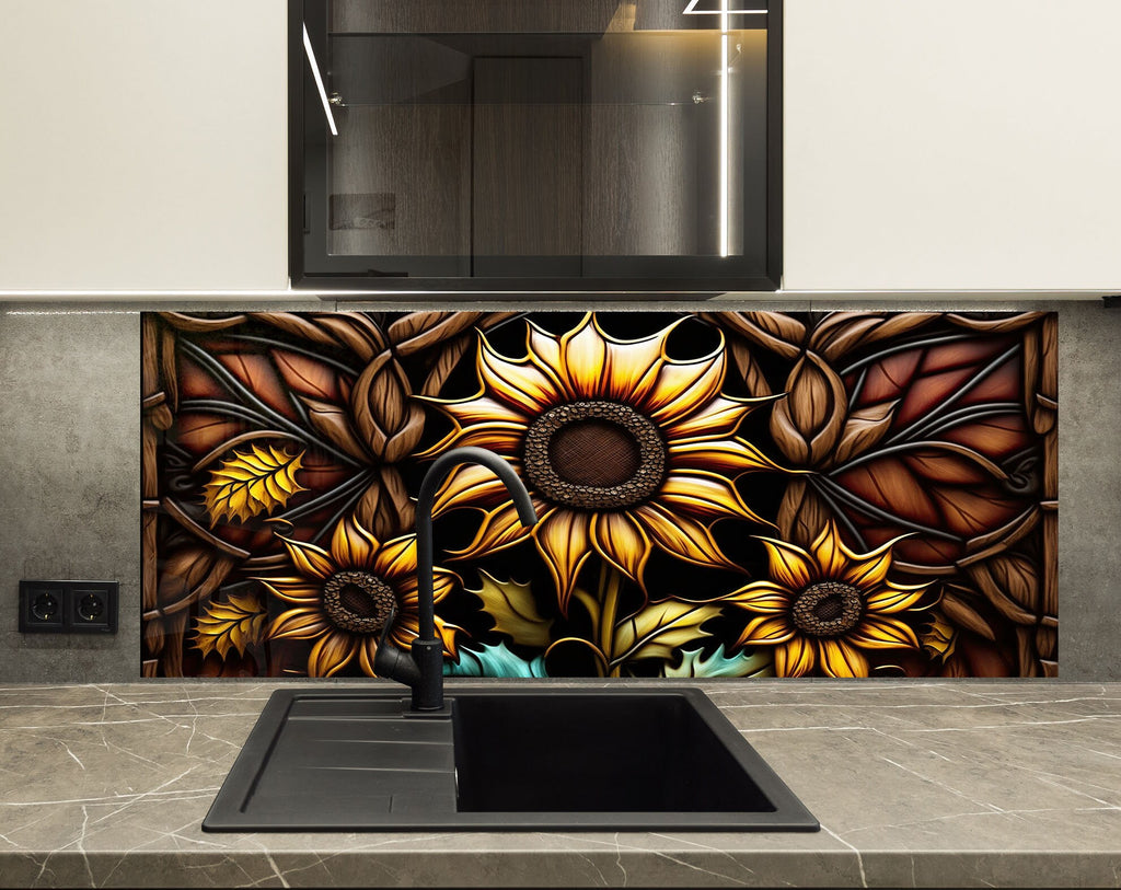 a kitchen counter with a sink and a sunflower design on it