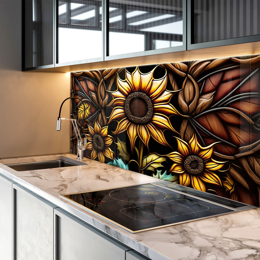 a kitchen with a sink, stove and a painting on the wall