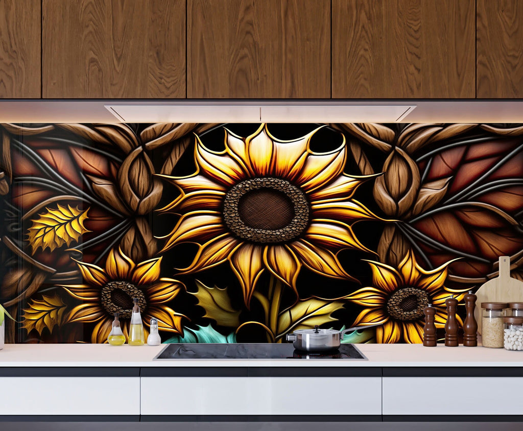 a kitchen with a sunflower design on the wall