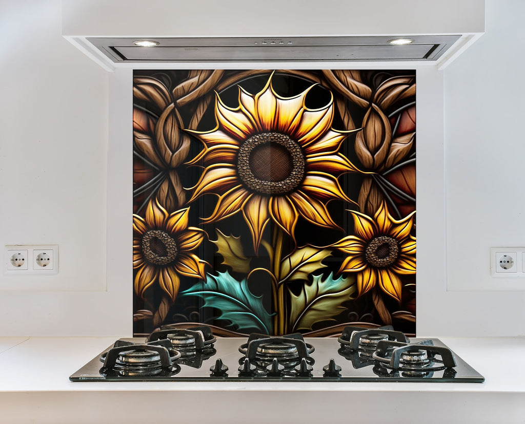 a painting of a sunflower on a kitchen wall