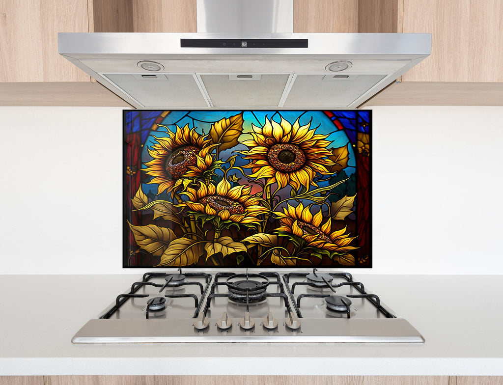 a painting of sunflowers on a stove top