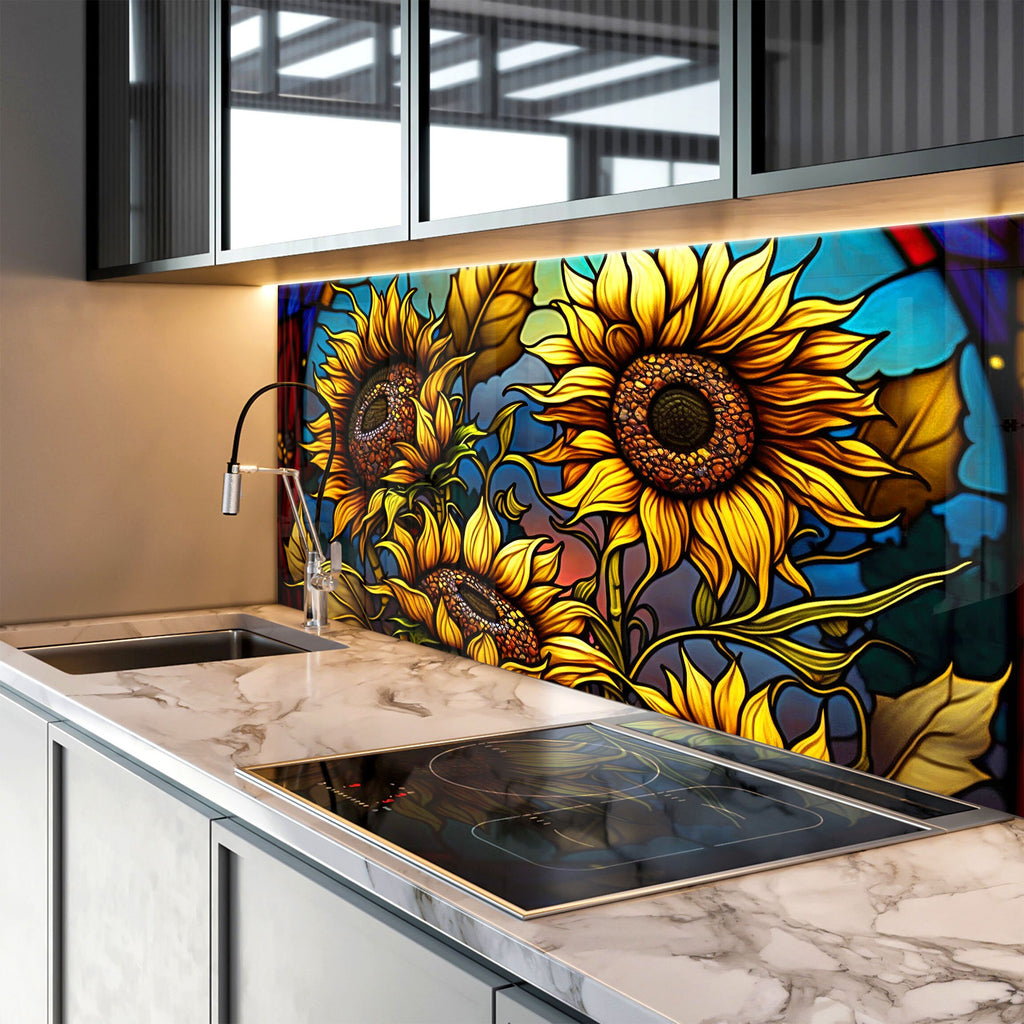 a kitchen with sunflowers painted on the backsplash