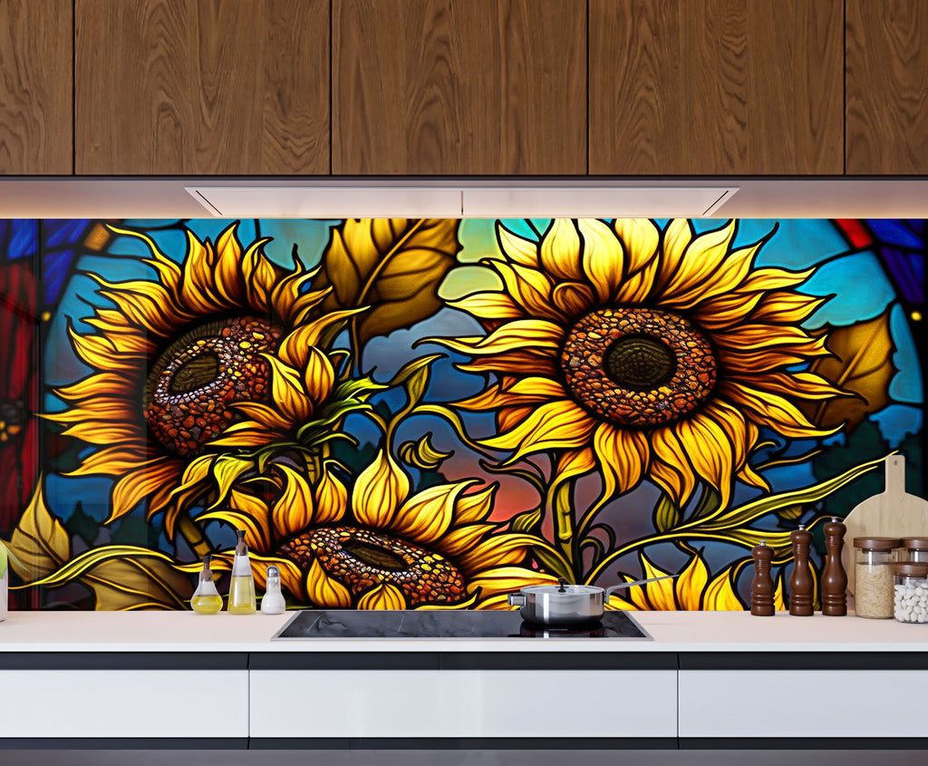 a kitchen with sunflowers painted on the wall