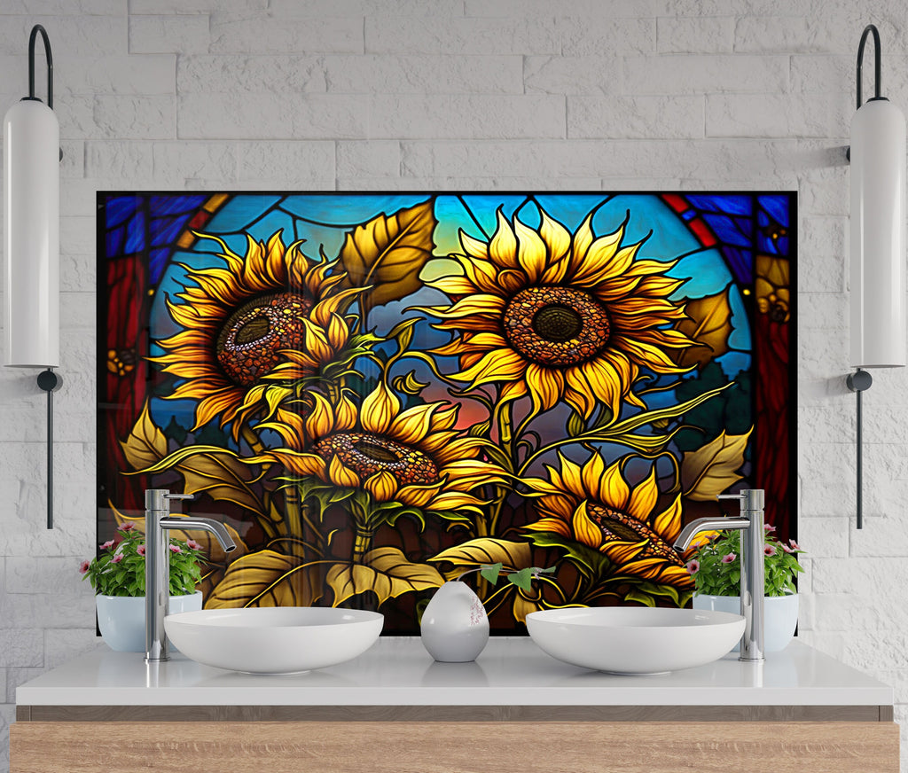 a painting of sunflowers in front of a stained glass window