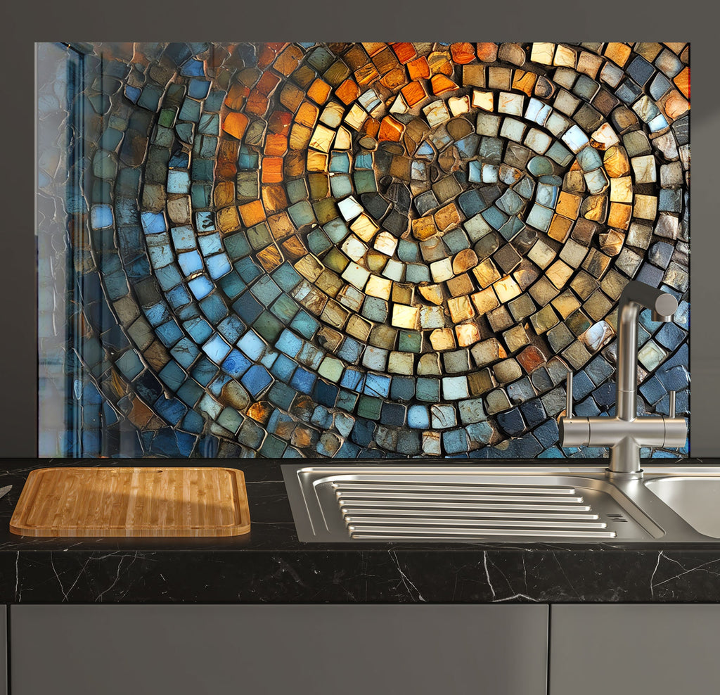 a kitchen with a sink and a mosaic tile backsplash