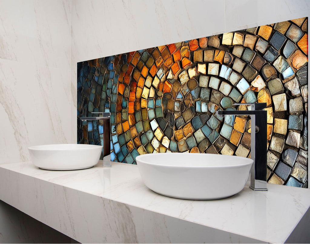 a bathroom with two sinks and a mosaic tile wall