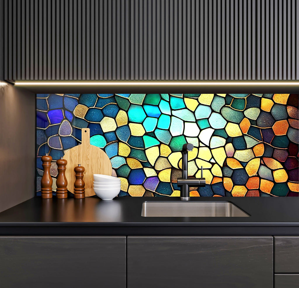 a kitchen counter with a sink and a mosaic wall behind it