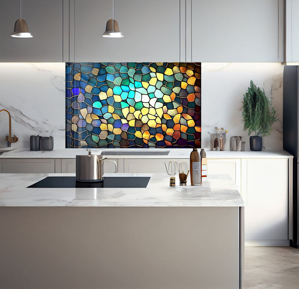 a kitchen with a marble counter top and a painting on the wall