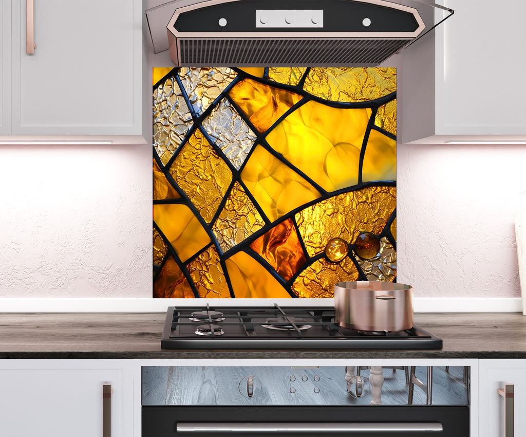 a stove top oven sitting under a stained glass window