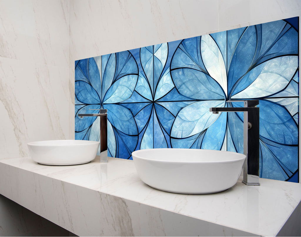 two white bowls on a counter with a blue and white tile wall behind them