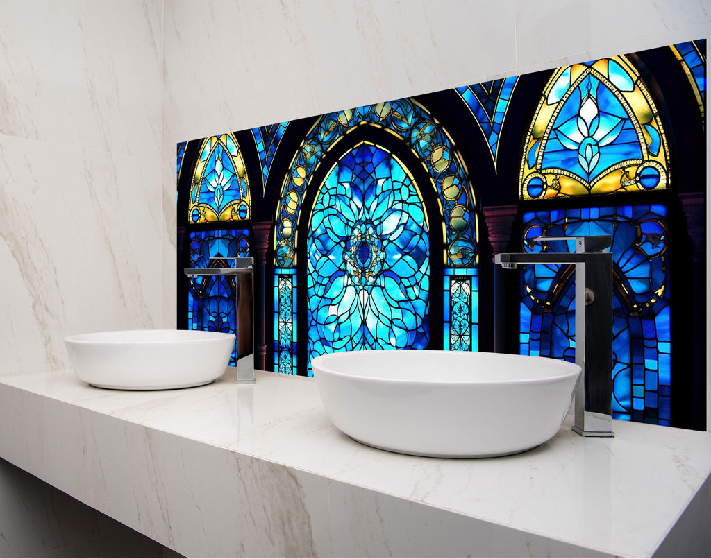 two white bowls on a counter in front of a stained glass window