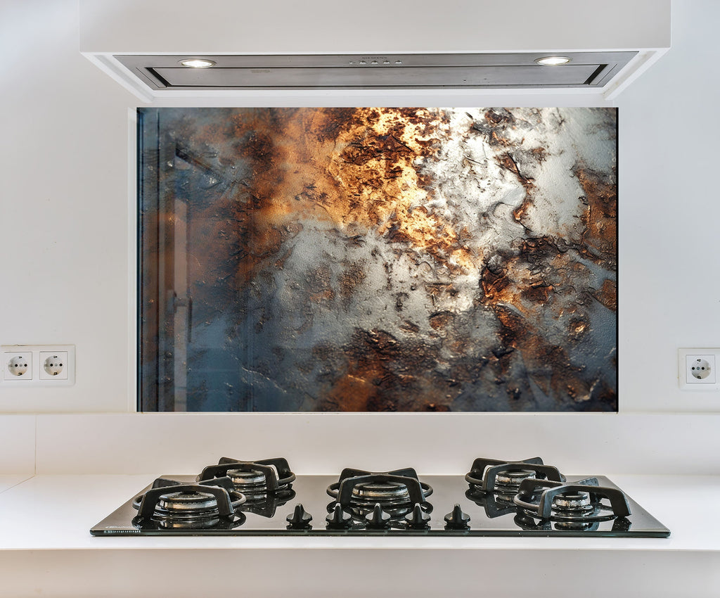 a stove top with a painting on the wall above it