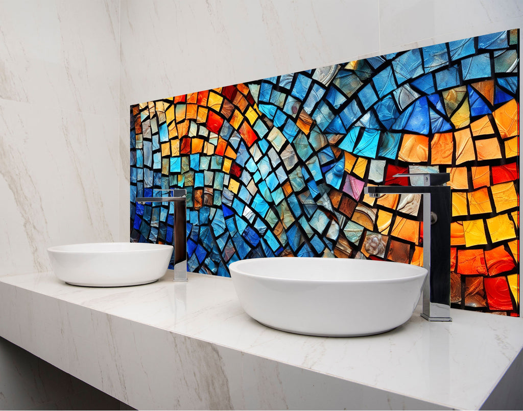 a bathroom with two bowls on the counter