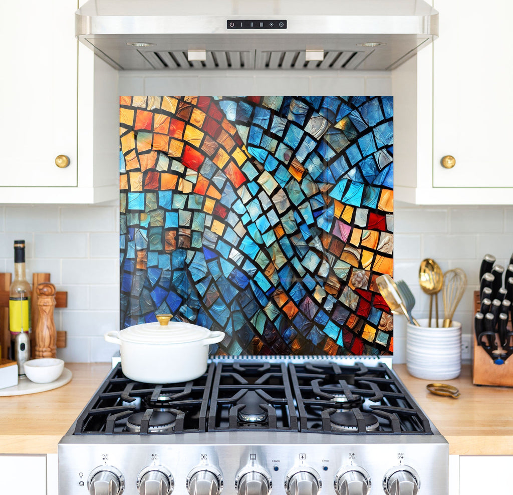 a stove top oven sitting under a painting on a wall