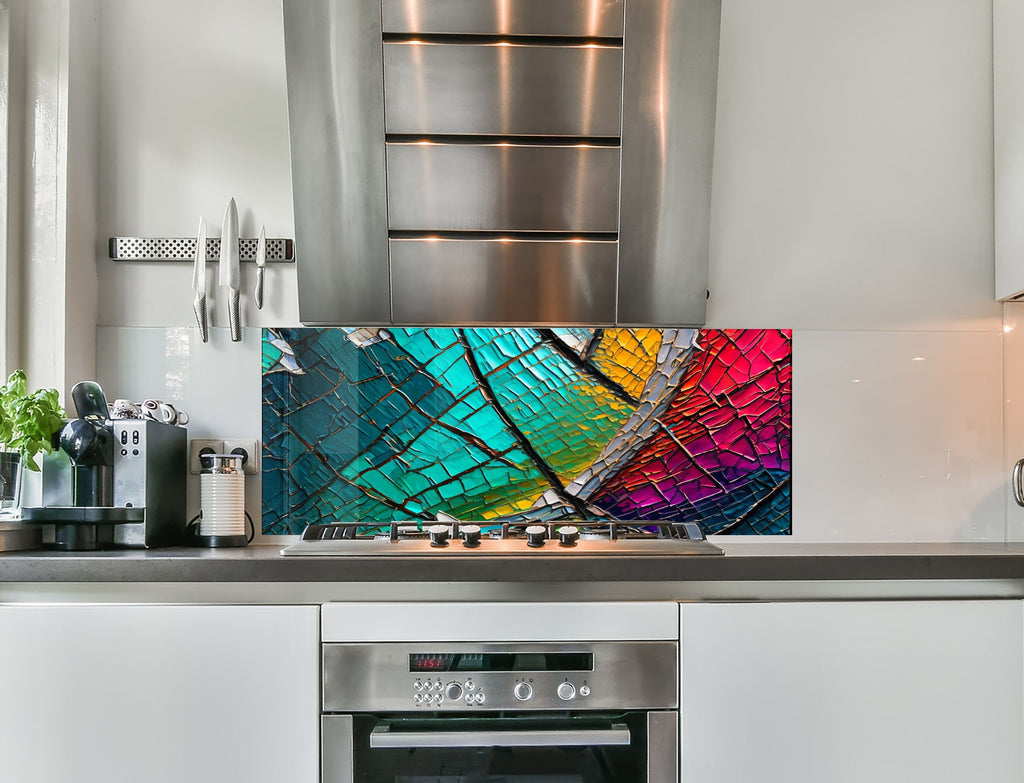 a kitchen with a stove top oven and a painting on the wall