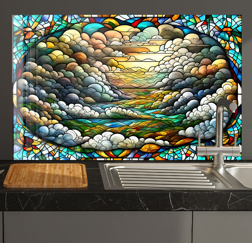 a kitchen with a sink and a large stained glass window