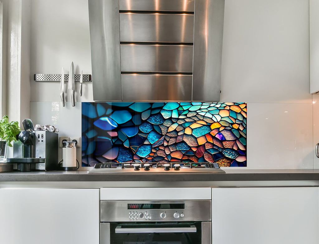 a kitchen with a stove top oven and a painting on the wall