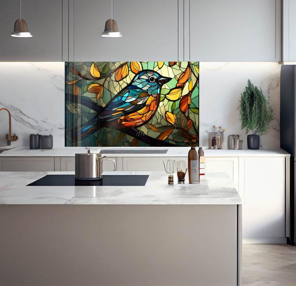 a painting of a bird on a stained glass window