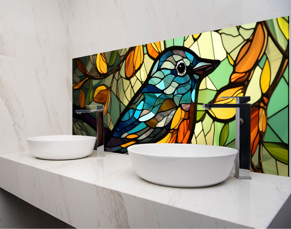 a bathroom with two sinks and a large stained glass window